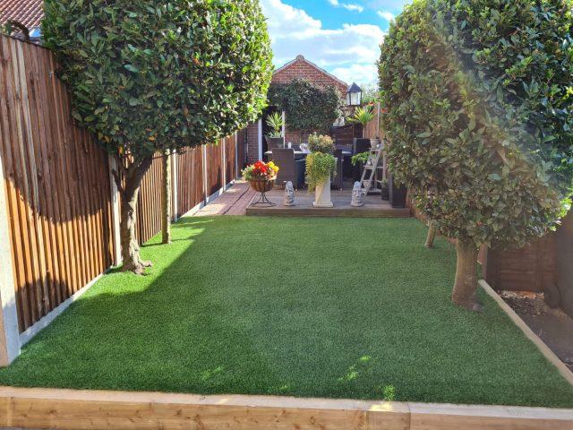 Old patio artificial grass replacement case study after image - Easigrass Cambridge & East Anglia